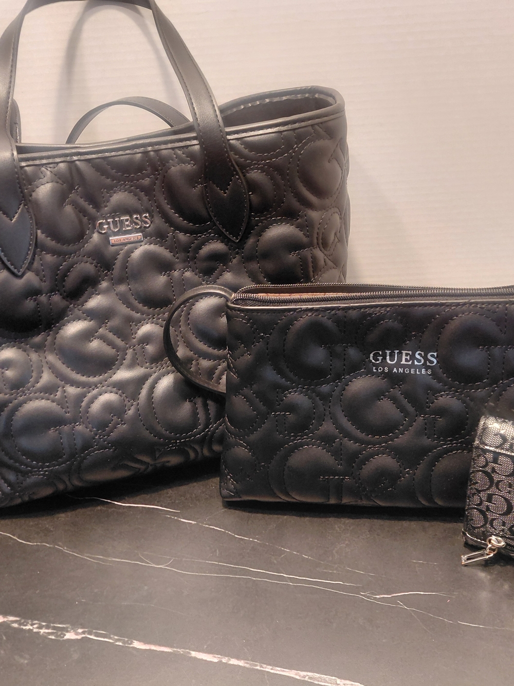 GUESS Women's Black Quilted Tote and Pouch and Wallet Set